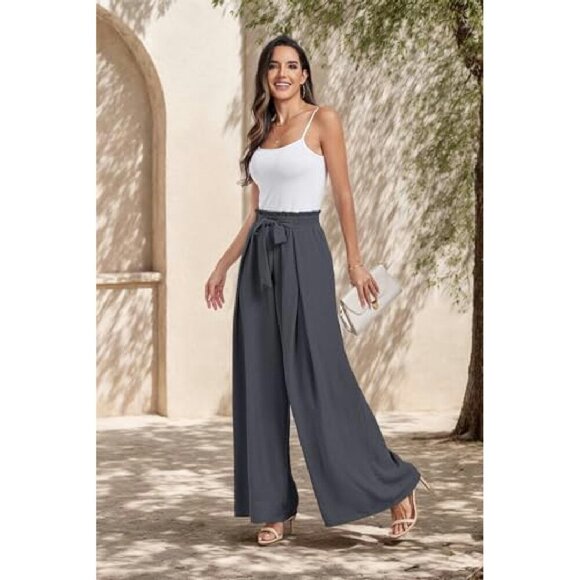 High Waisted Wide Leg Palazzo Pants with Tie Knot and Pockets - Picture 3 of 8